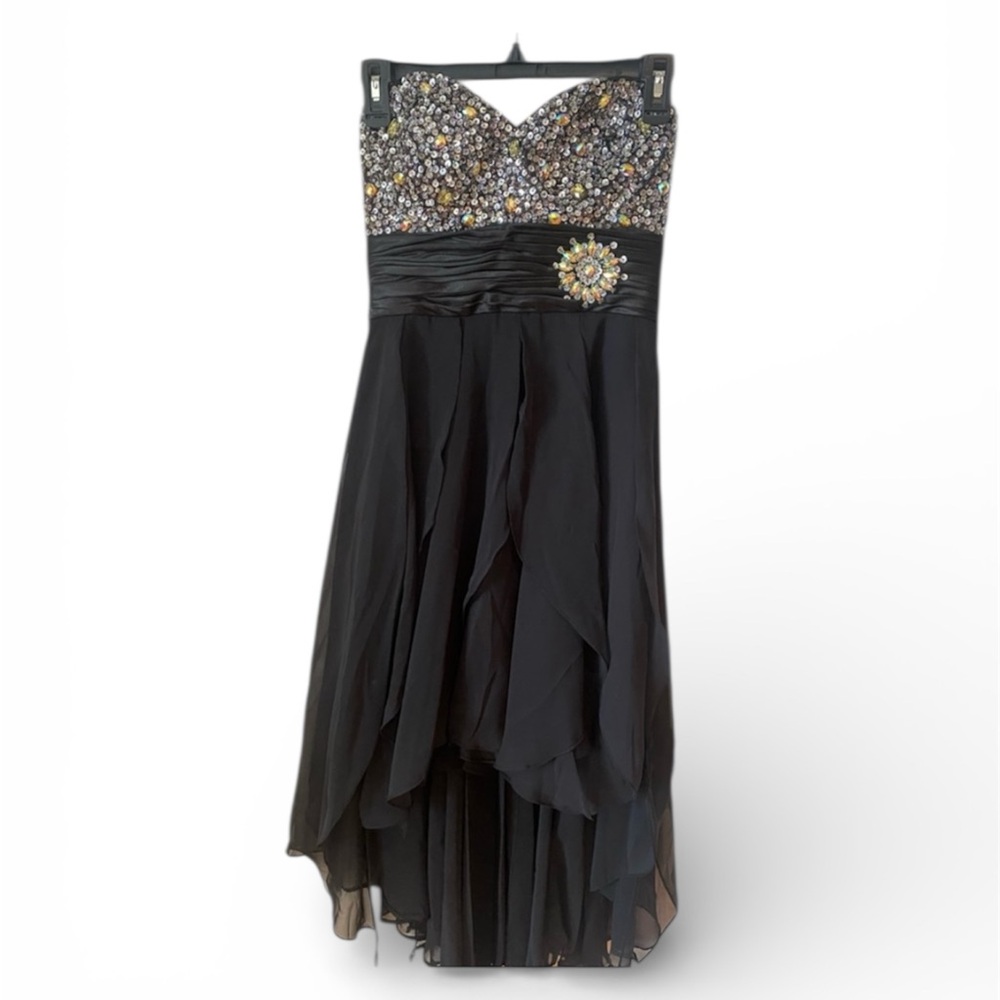 Black Strapless High-Low Dress with Jeweled Bodice